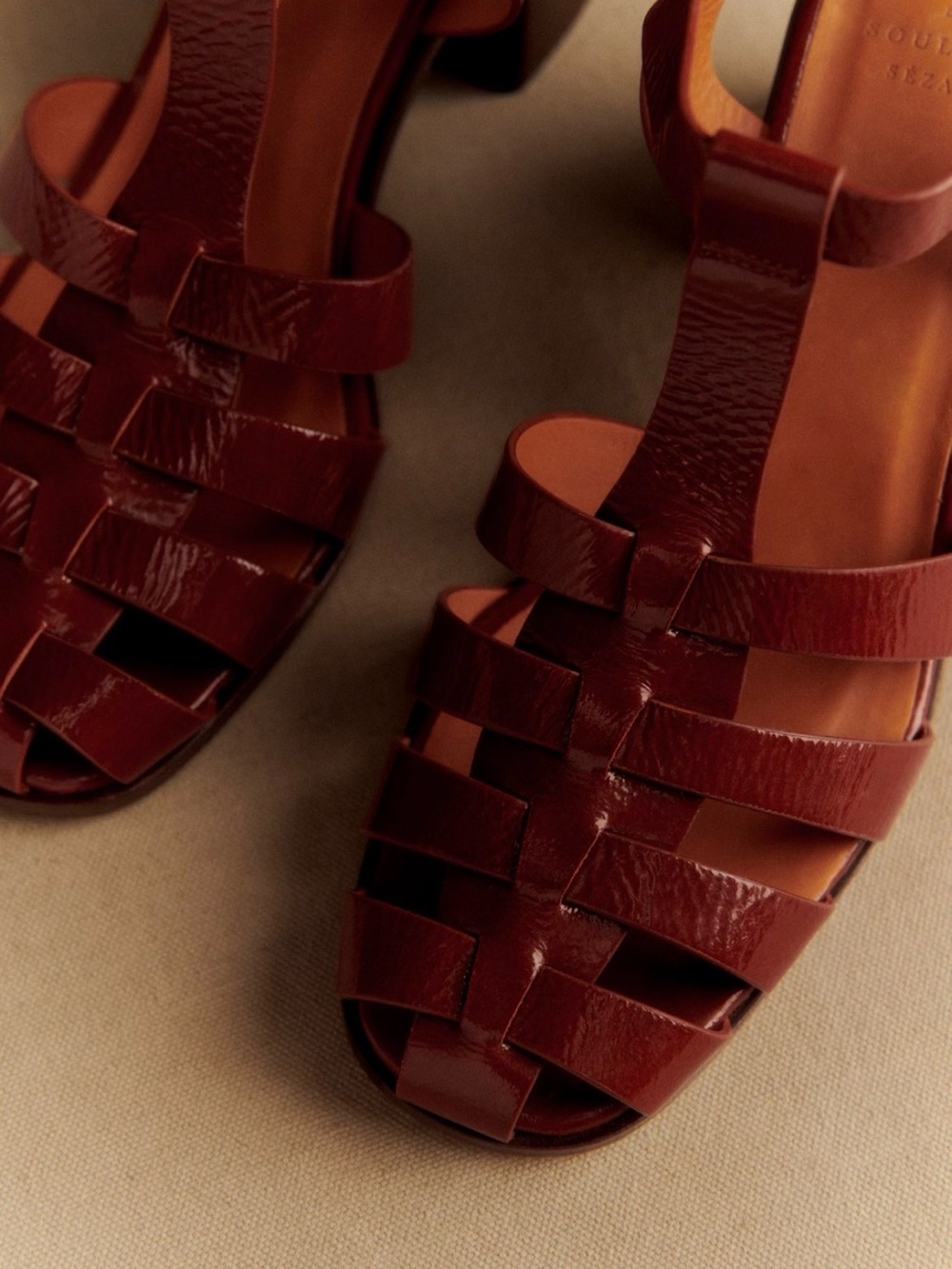Sézane Florie Sandals- Brown Leather T-Strap Block Heel Sandals - Picture 2 of 8